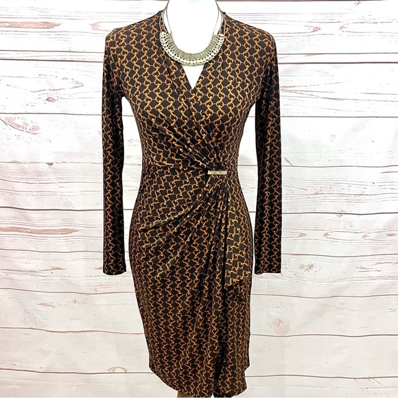 Michael Kors Espresso Chain Link Print Stretch Jersey Faux Wrap Dress - Picture 1 of 14